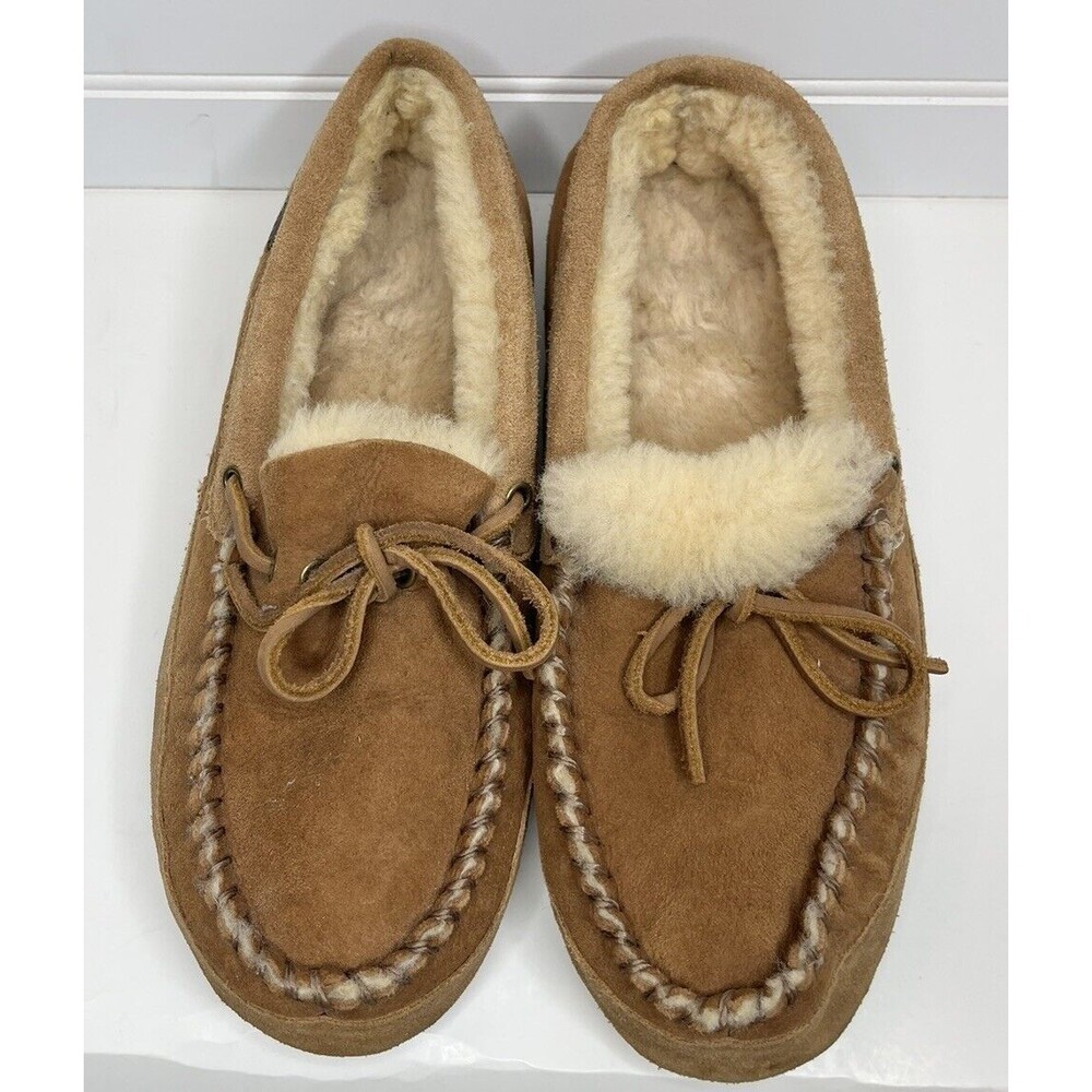 Acorn Mens  Size 9 Brown Shearling Slippers Rubber Sole Sheepskin Suede